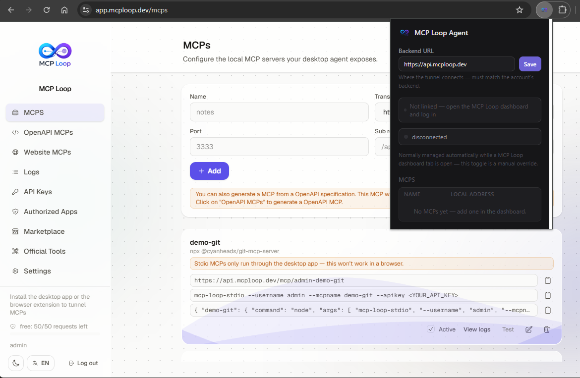 MCP Loop Chrome extension popup, light