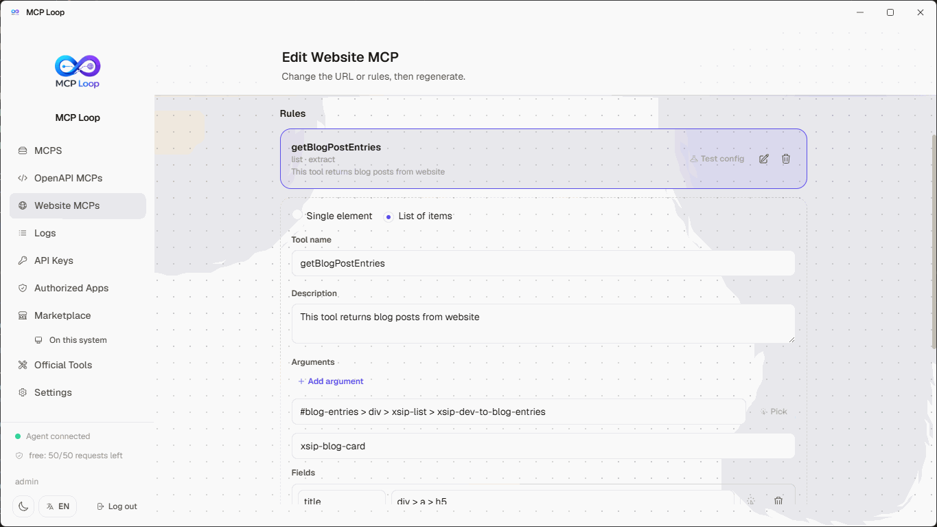 Editing a Website MCP, light